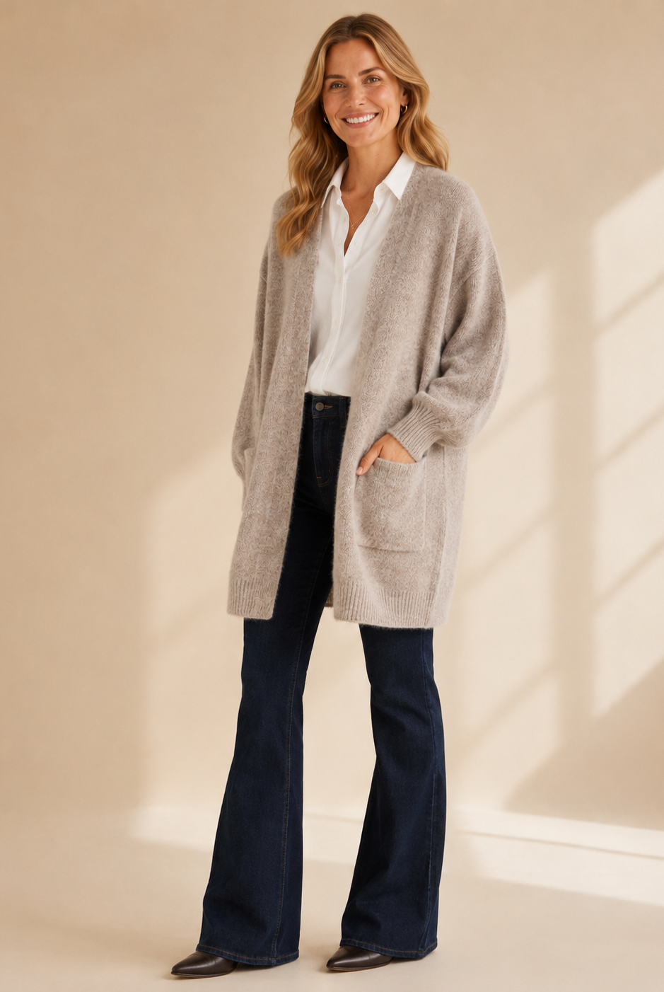 Lång stickad kofta i beige med fickor – Dimoda