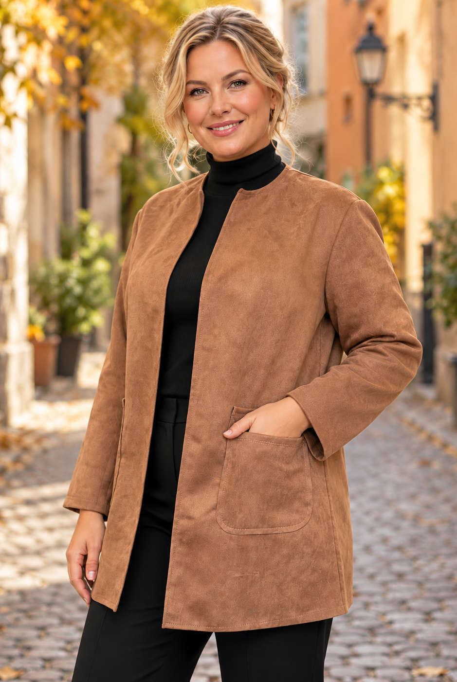 Camelfärgad kappa i Queensize med mockaliknande yta, öppen kraglös modell, raka ärmar och två utanpåfickor framtill