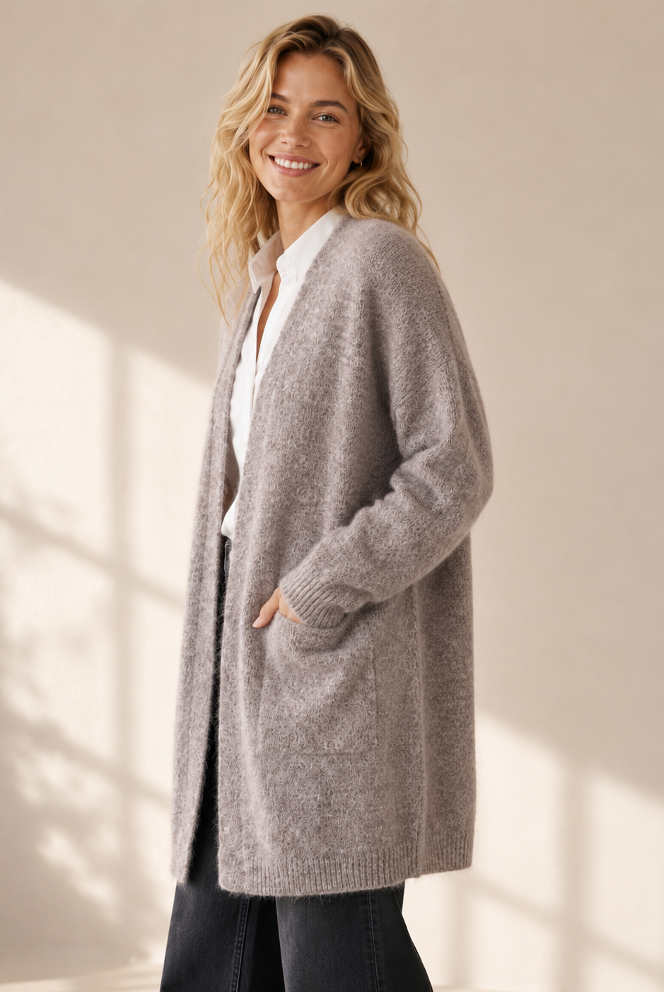 Lång stickad kofta med fickor – Mirelle Design