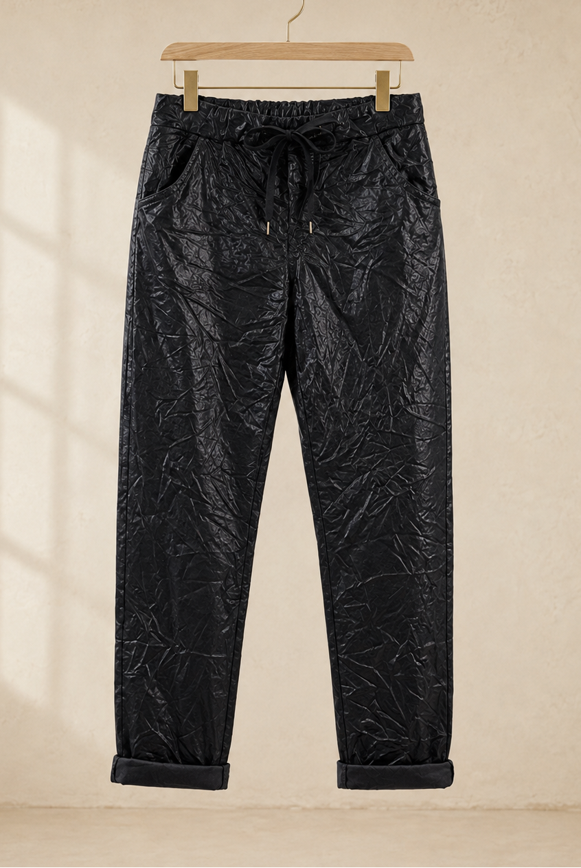 Joggers Shiny i svart – lätt glansig finish med dragsko och sidofickor, onesize stl 36–44, Made in Italy