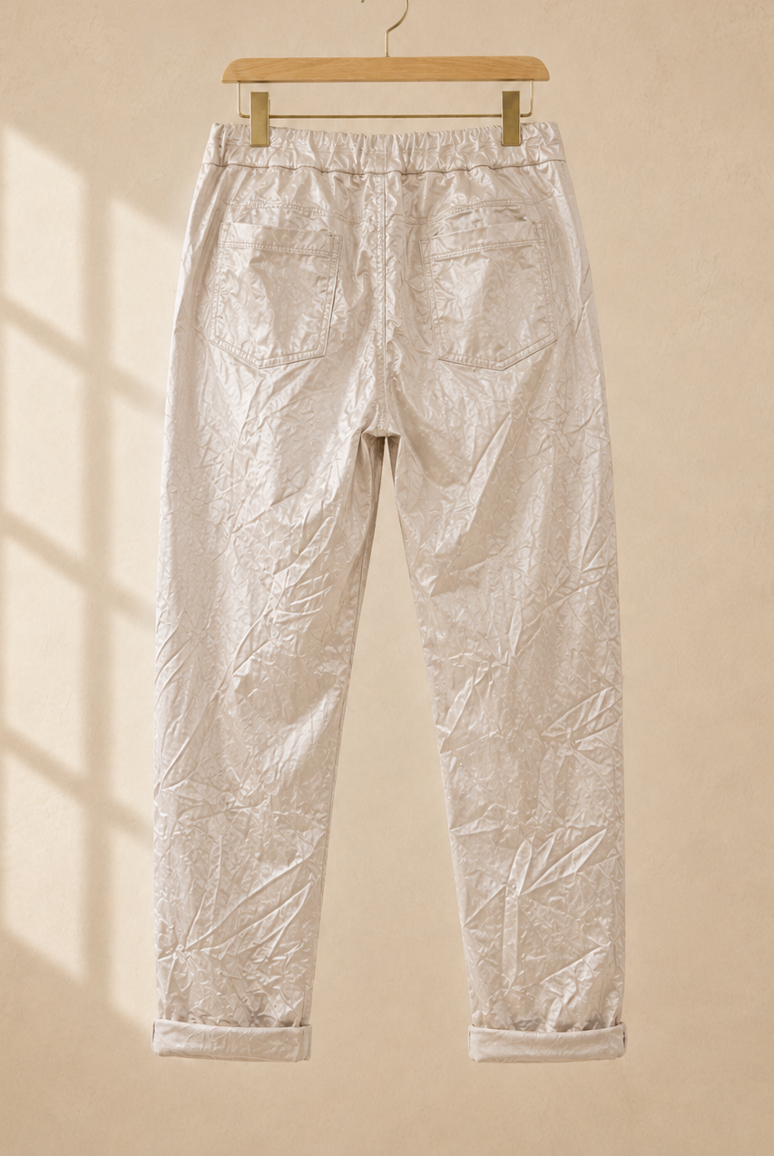 Joggers Shiny i beige – lätt glansig finish med dragsko och sidofickor, onesize stl 36–44, Made in Italy"