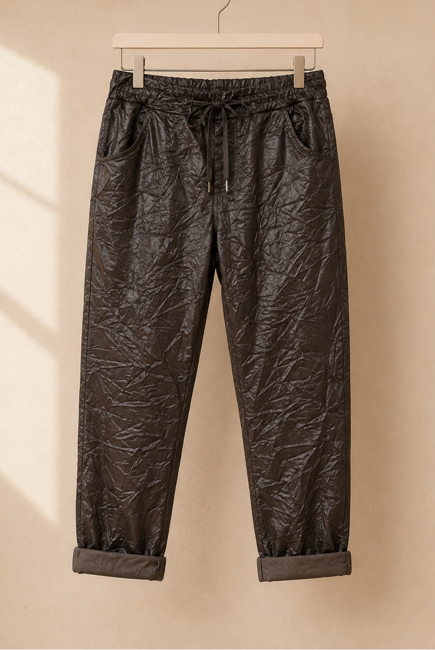 Joggers Shiny i brun – lätt glansig finish med dragsko och sidofickor, onesize stl 36–44, Made in Italy
