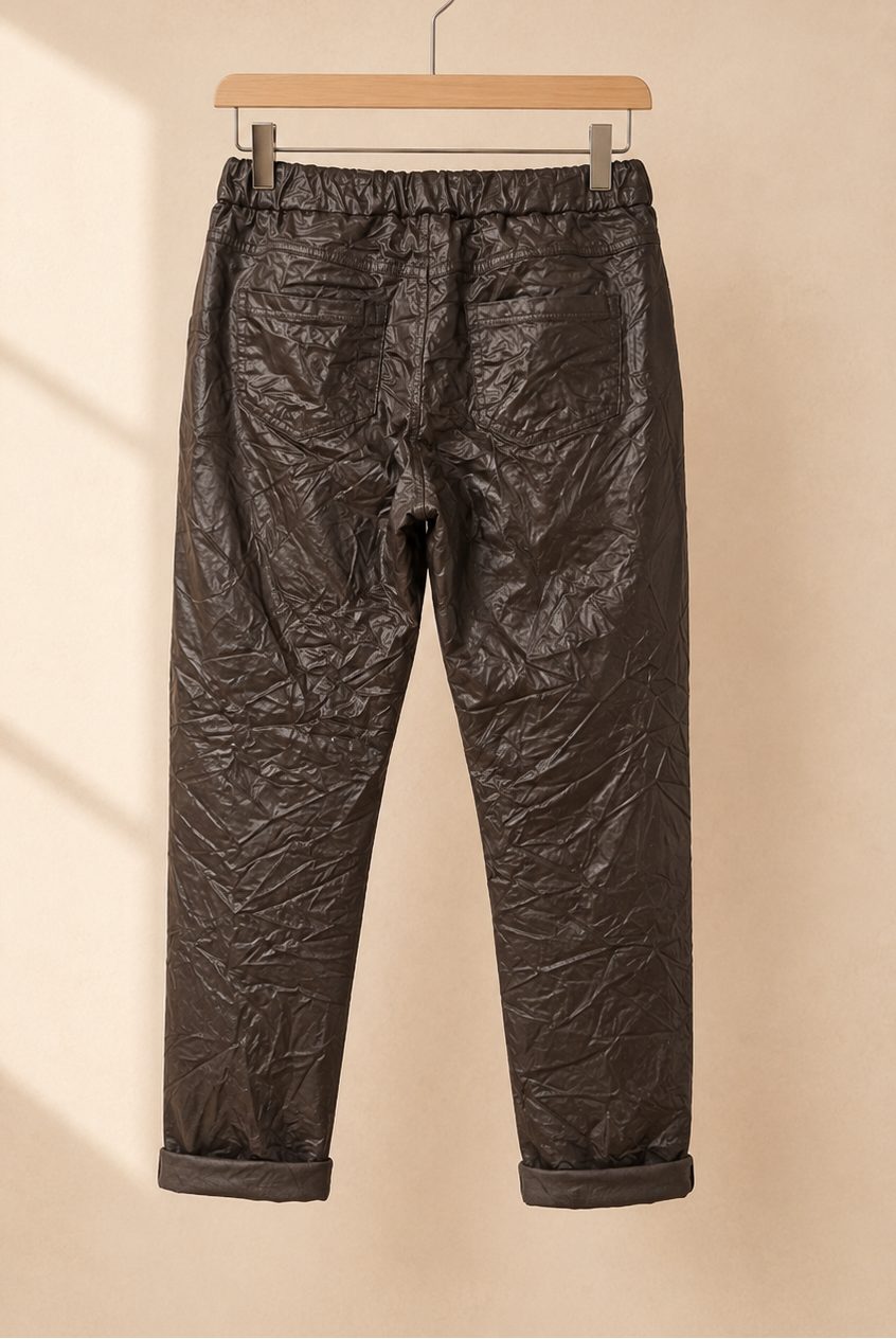 Joggers Shiny i brun – lätt glansig finish med dragsko och sidofickor, onesize stl 36–44, Made in Italy
