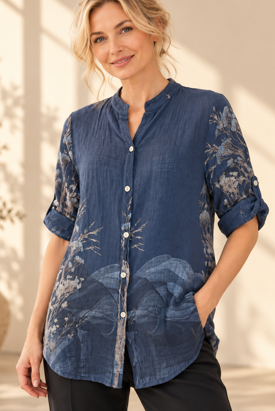 Blus Bitten, onesize-blus i 100 % bomull med skomakarkrage och knäppning hela vägen ner.