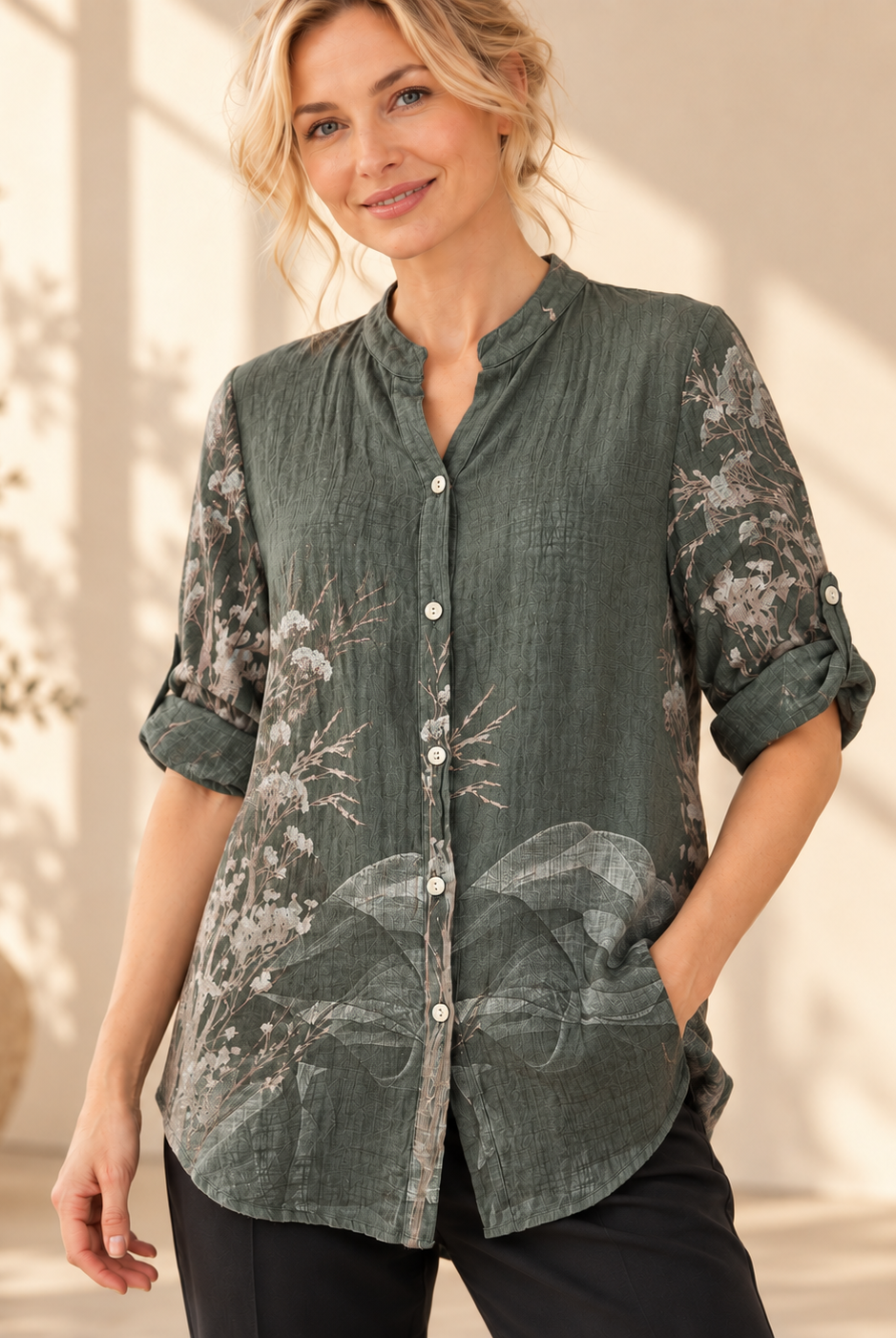 Blus Bitten, onesize-blus i 100 % bomull med skomakarkrage och knäppning hela vägen ner.