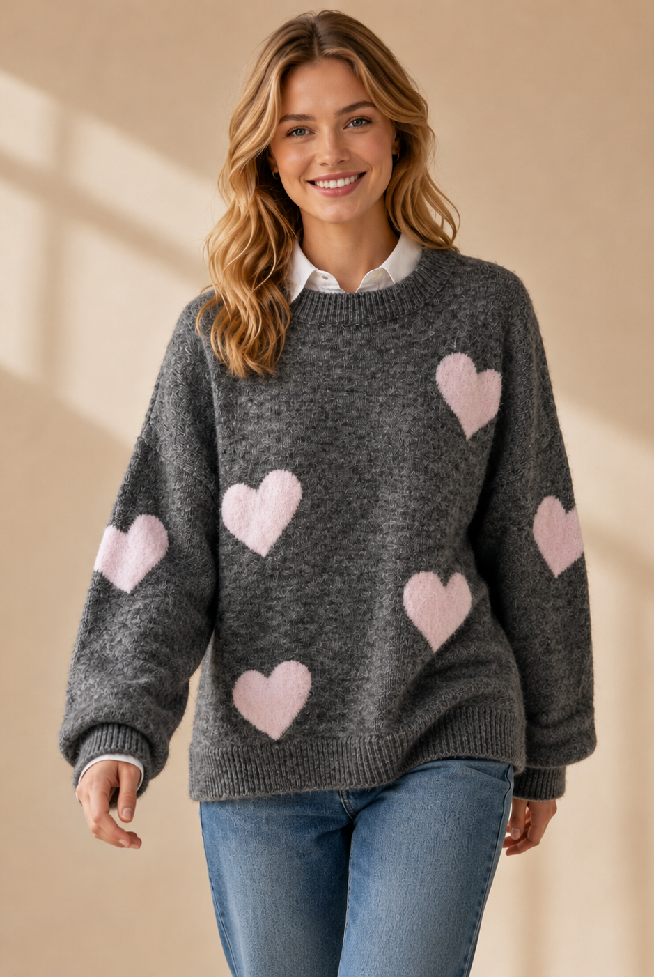 Stickad grå tröja med rosa hjärtan - Mirelle Design