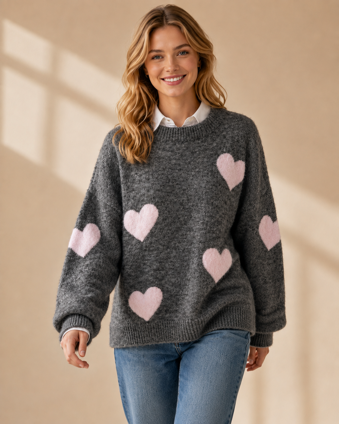 Stickad grå tröja med rosa hjärtan - Mirelle Design