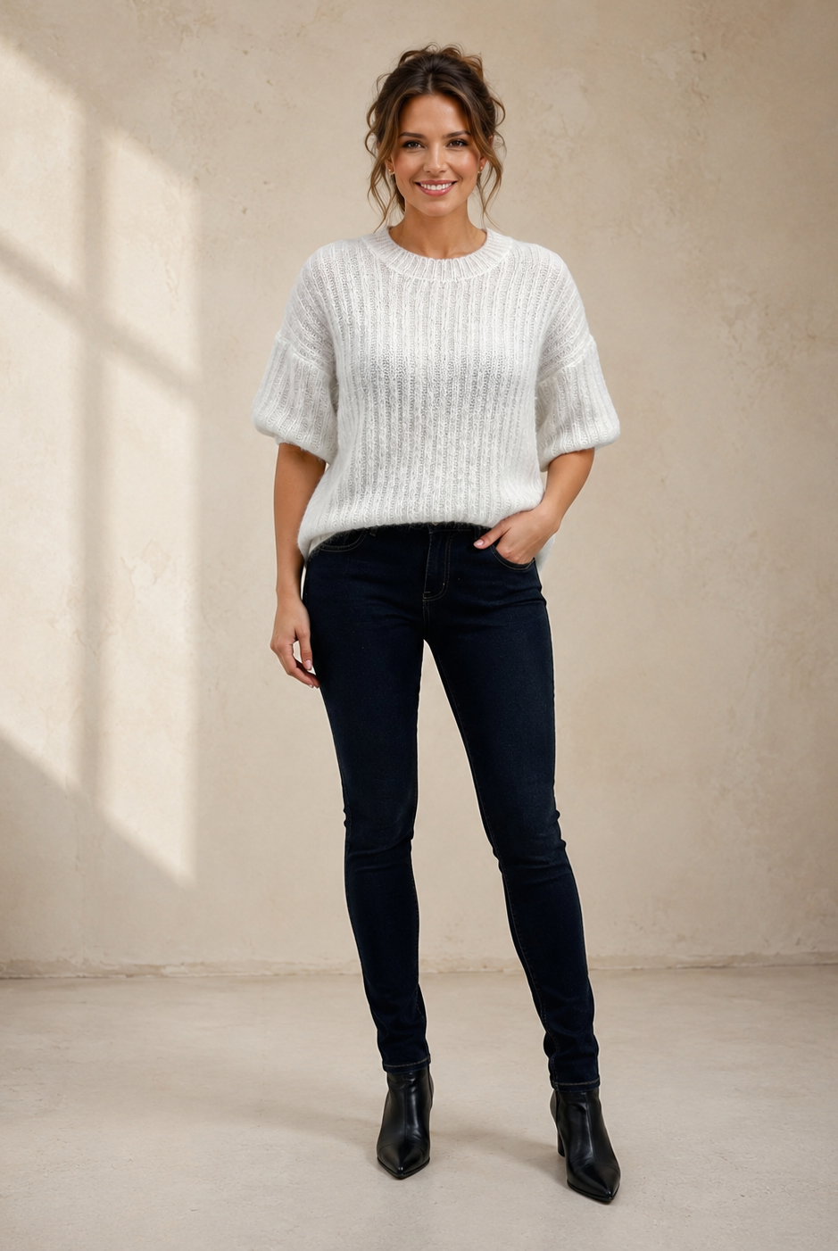 Mohairtröja kortärmad offwhite – lätt stickad damtröja i mohairblandning, onesize S–L, Dimoda