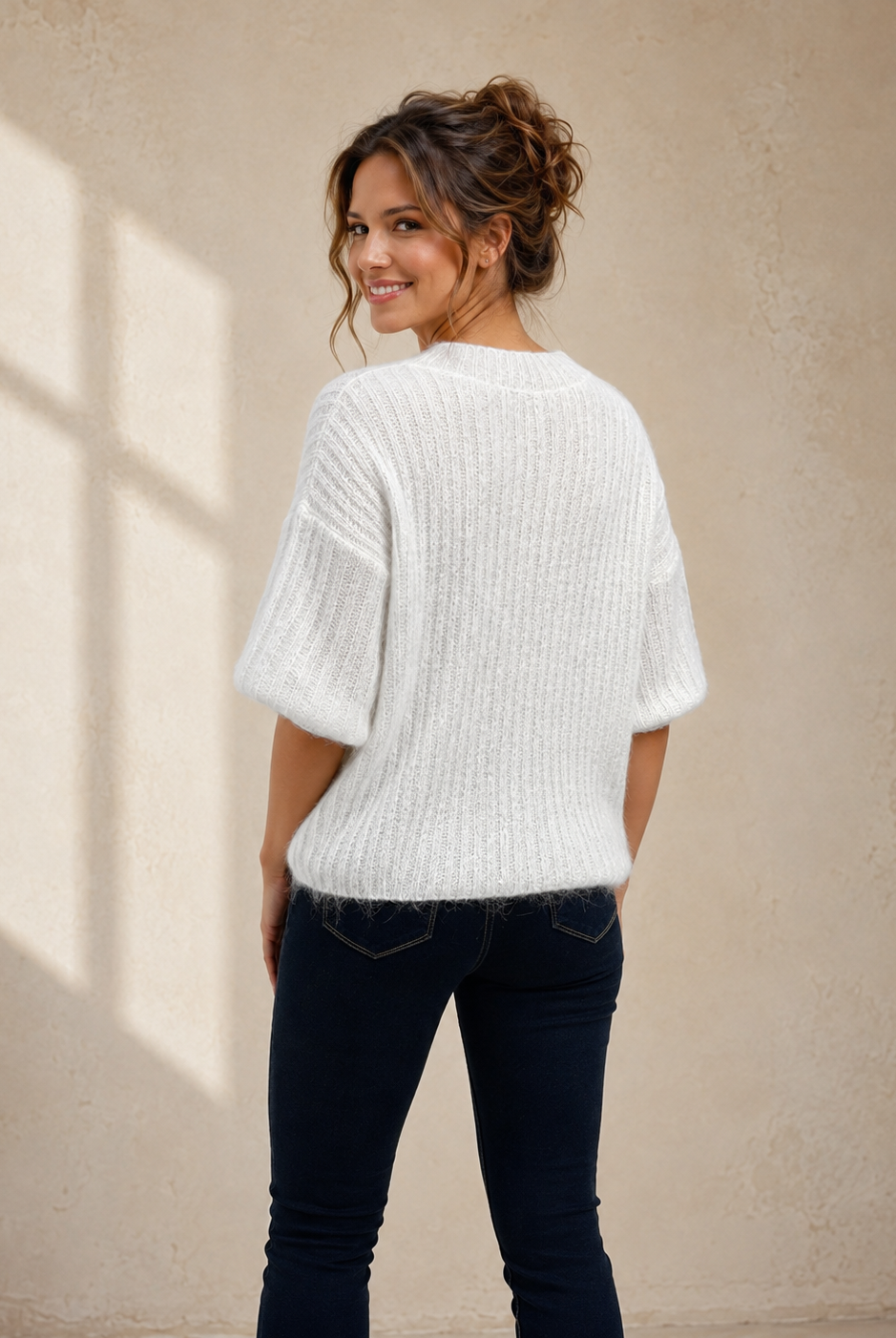 Mohairtröja kortärmad offwhite – lätt stickad damtröja i mohairblandning, onesize S–L, Dimoda