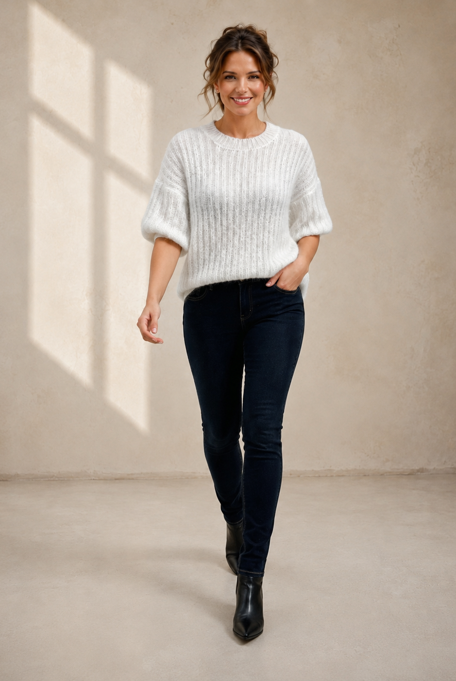 Mohairtröja kortärmad offwhite – lätt stickad damtröja i mohairblandning, onesize S–L, Dimoda