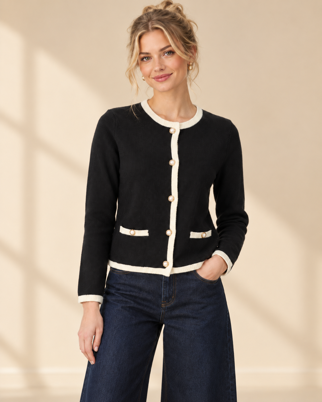 Svart finstickad cardigan Nicolina med offwhite kontrastkanter, rund halsringning, guldfärgade knappar och två fickdetaljer framtill.