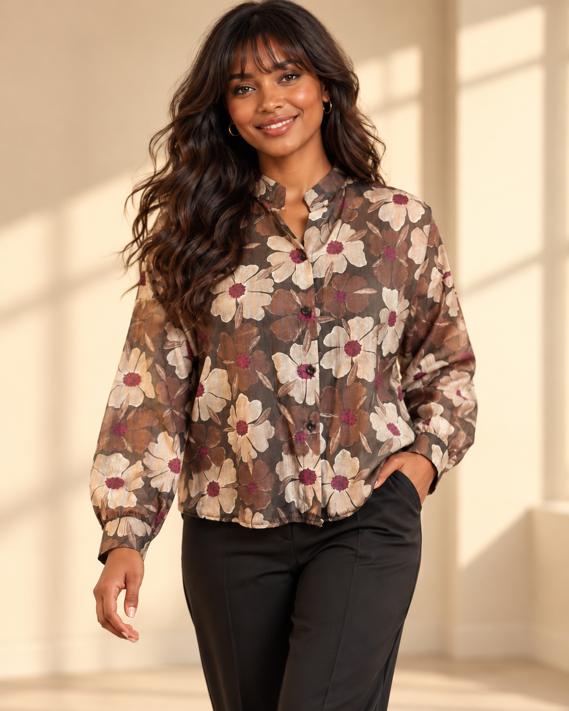 Transparent blus Lollo Blomster i brunt med stora beige och bruna blommor, vinröda blommittar, skomakarkrage och långa ärmar med manschett.