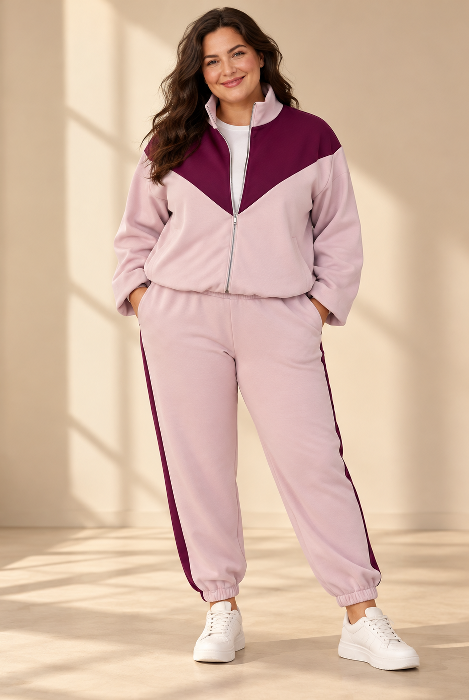 Mira zip jacket in light pink with burgundy V-shaped panel across the chest and shoulders, high collar, front zipper and relaxed fit.