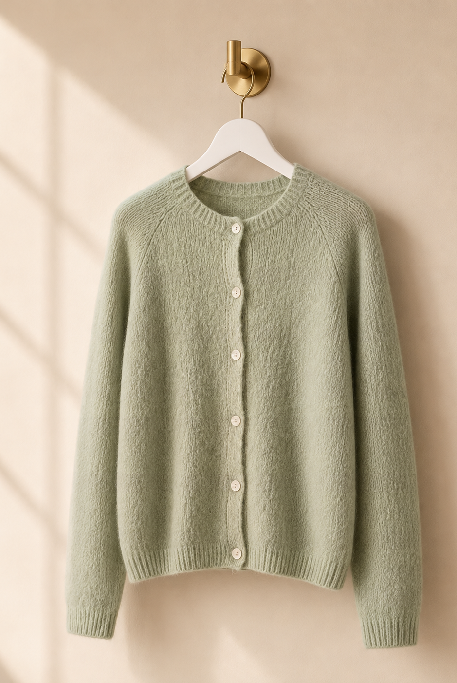 Stickad cardigan Ragnhild i lindblomsgrön – mjuk ullmix med alpaca, knäppning framtill, onesize stl 36–42