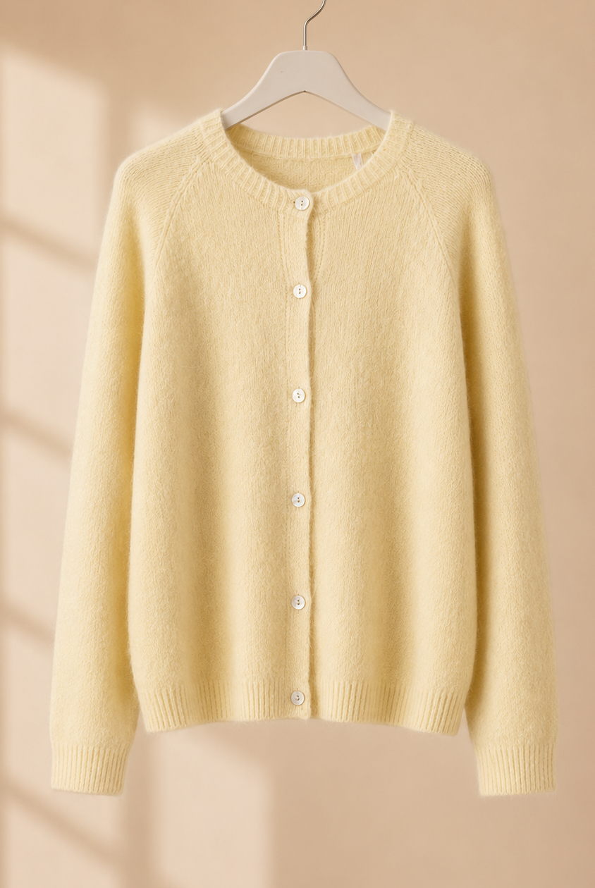 Stickad cardigan Ragnhild i citrongul – mjuk ullmix med alpaca, knäppning framtill, onesize stl 36–42"