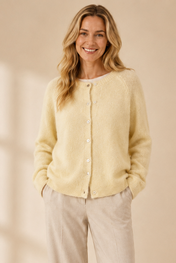 Stickad cardigan Ragnhild i citrongul – mjuk ullmix med alpaca, knäppning framtill, onesize stl 36–42"