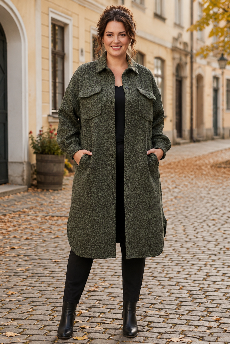Jacka Inga khaki – lång jacka med knäppning, ledig passform, queensize, Dimoda