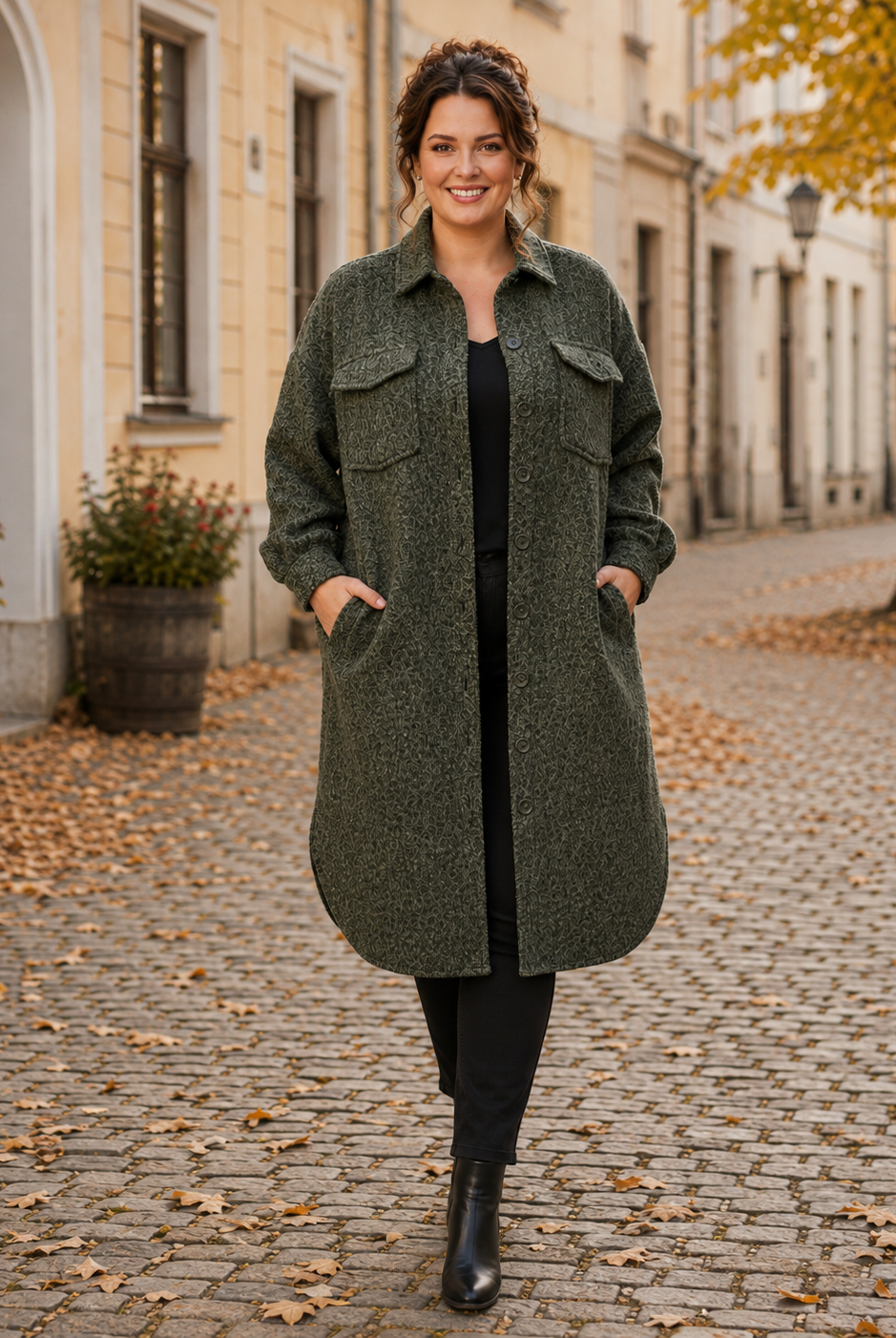 Jacka Inga khaki – lång jacka med knäppning, ledig passform, queensize, Dimoda