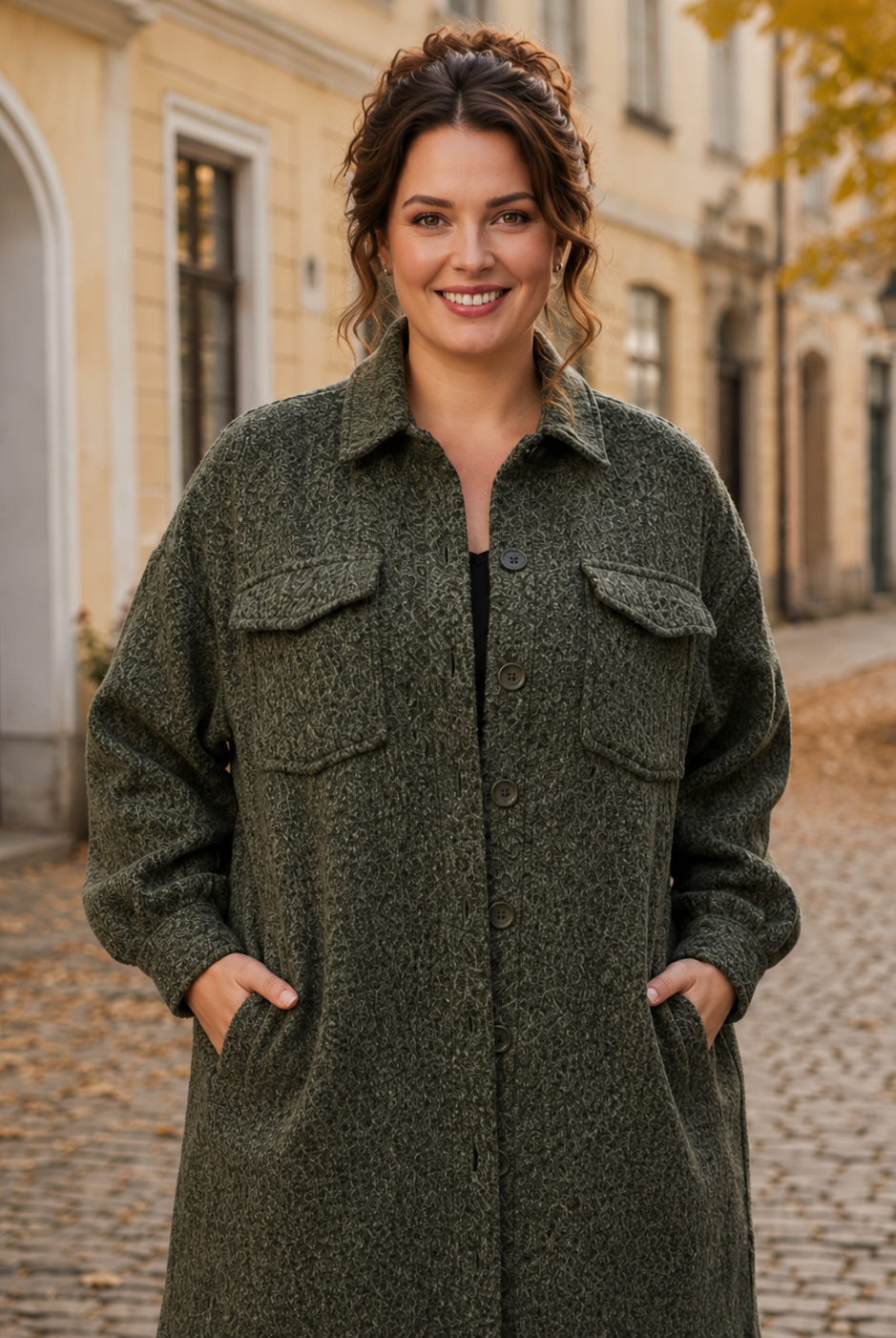 Jacka Inga khaki – lång jacka med knäppning, ledig passform, queensize, Dimoda