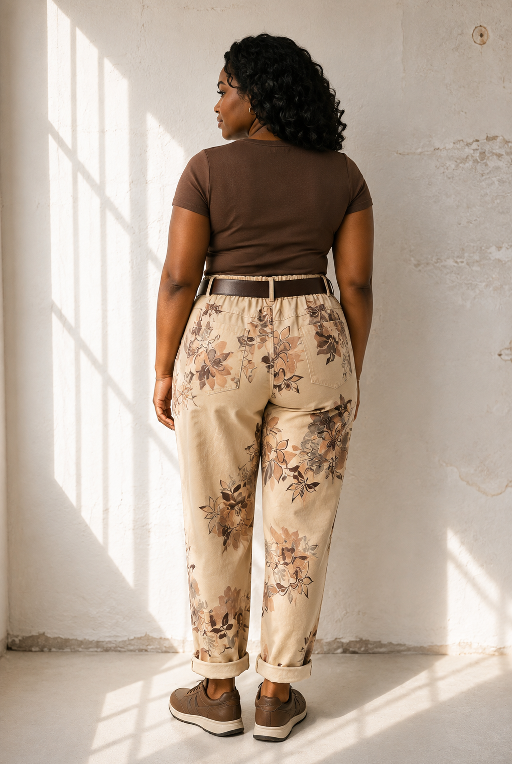 Joggers med blomm\u00f6nster i beige – avslappnad Queensize-passform med resår och skärp, onesize stl 40–46
