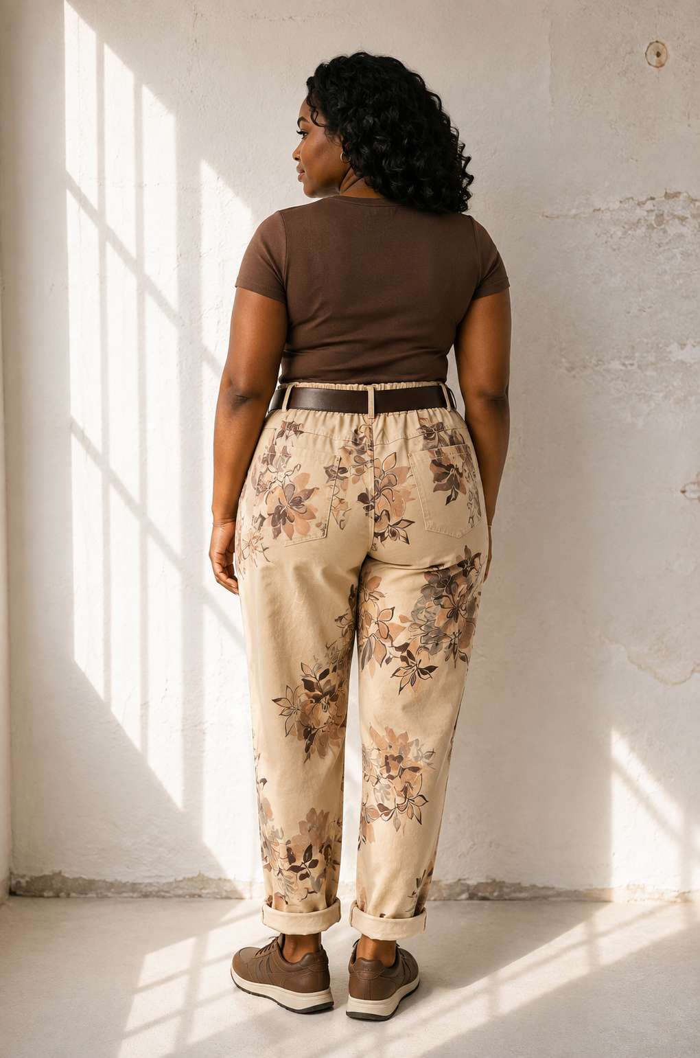 Joggers med blomm\u00f6nster i beige – avslappnad Queensize-passform med resår och skärp, onesize stl 40–46