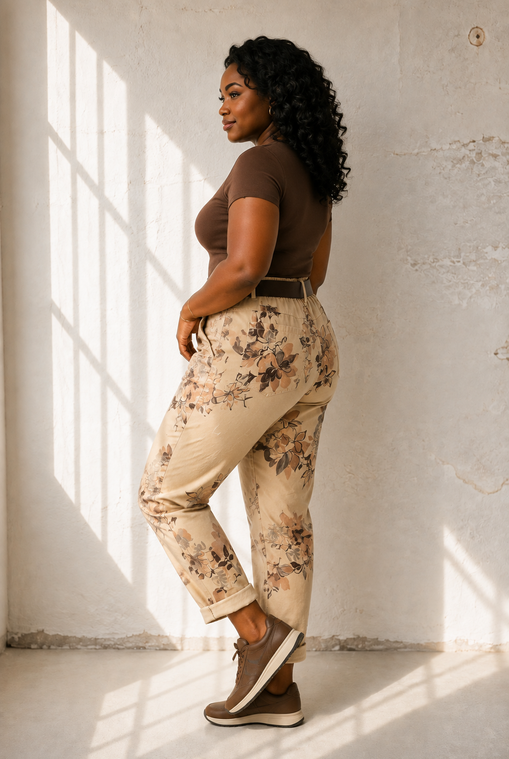 Joggers med blomm\u00f6nster i beige – avslappnad Queensize-passform med resår och skärp, onesize stl 40–46