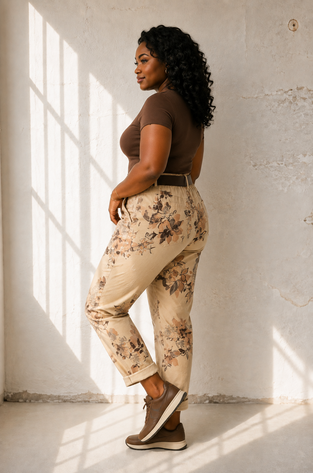 Joggers med blomm\u00f6nster i beige – avslappnad Queensize-passform med resår och skärp, onesize stl 40–46