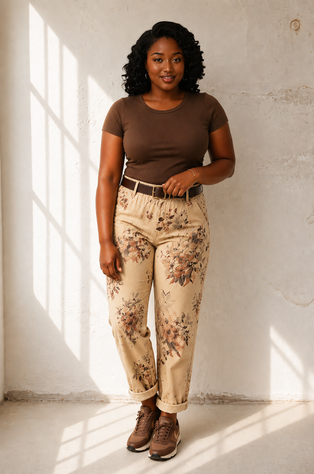 Joggers med blomm\u00f6nster i beige – avslappnad Queensize-passform med resår och skärp, onesize stl 40–46