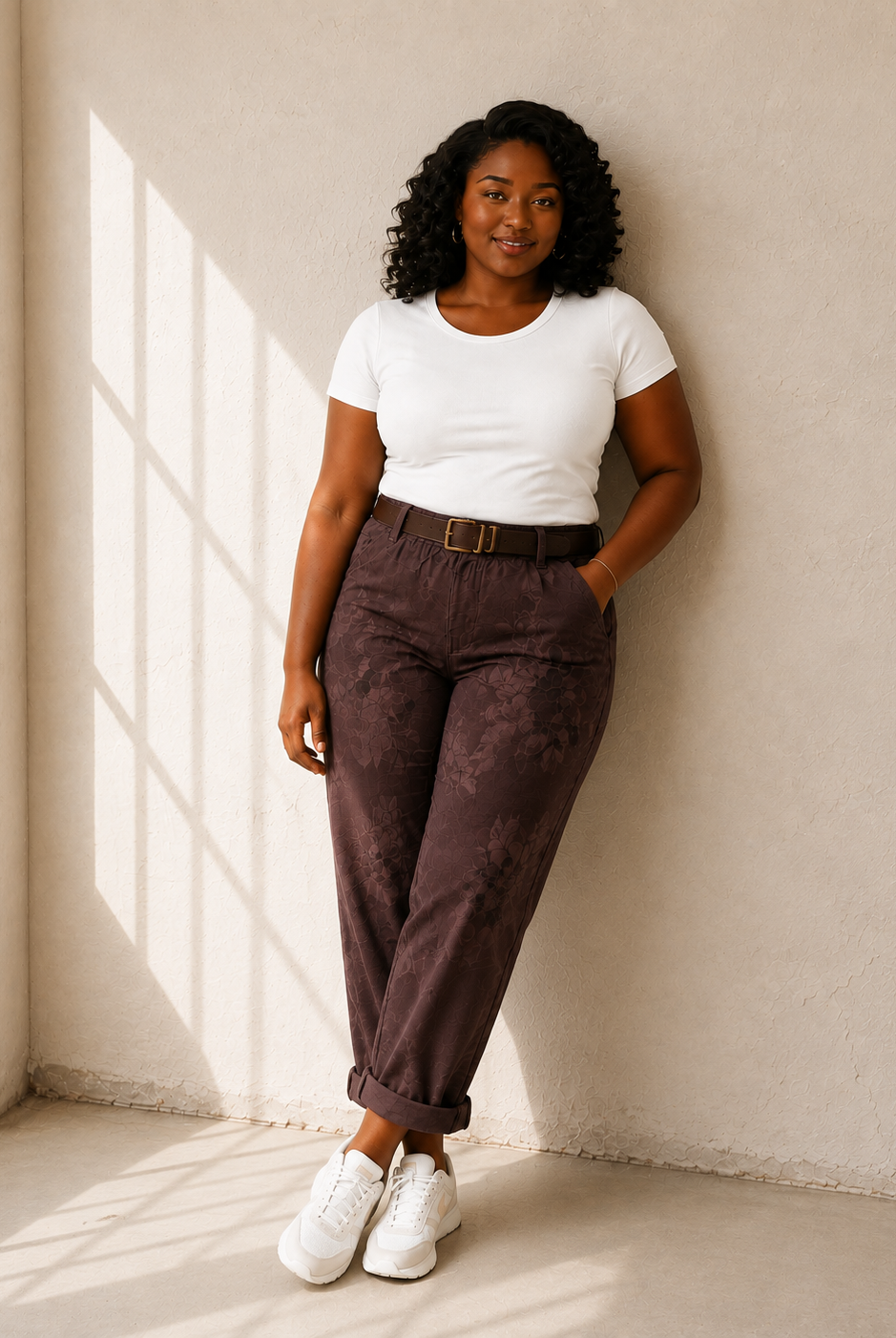 Joggers med blommönster i brun – avslappnad Queensize-passform med resår och skärp, onesize stl 40–46