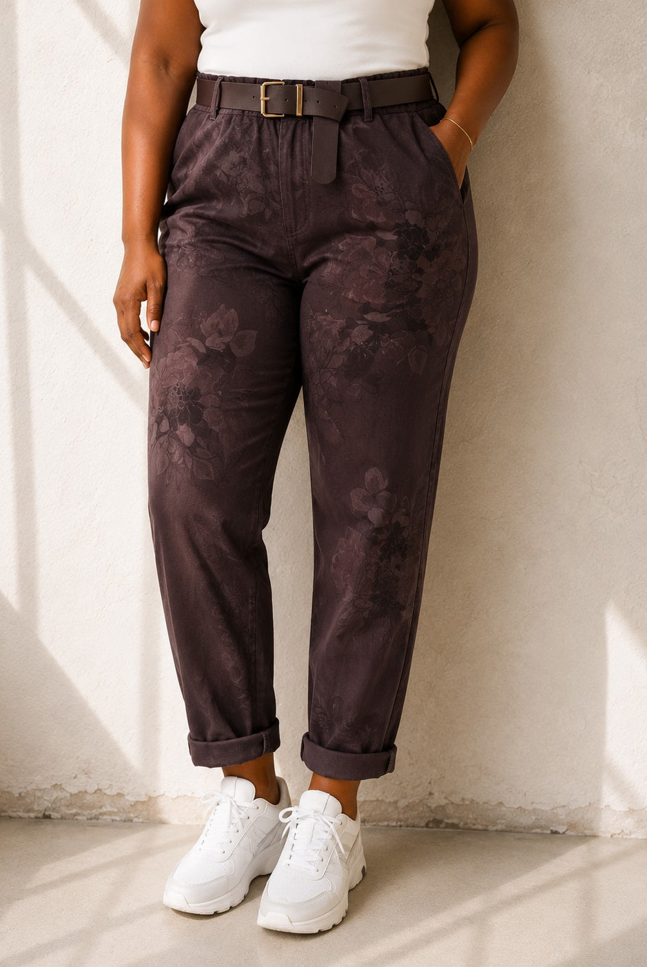 Joggers med blommönster i brun – avslappnad Queensize-passform med resår och skärp, onesize stl 40–46