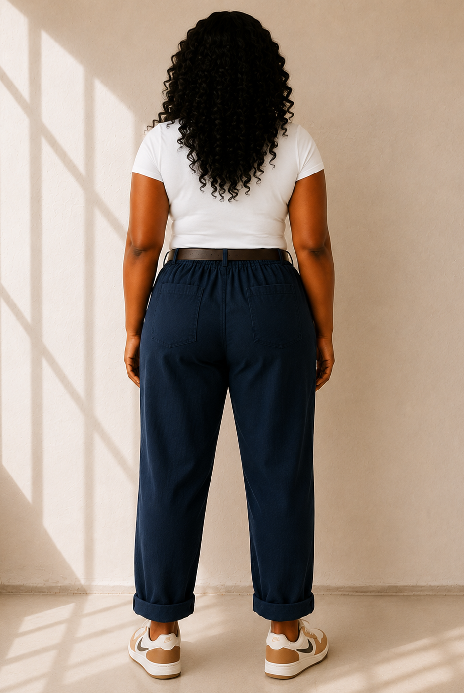 Manchesterbyxa Sofia i marin – Queensize med elastisk midja och bälte, onesize stl 40–50, Made in Italy