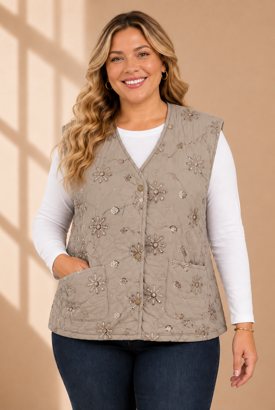 Quiltad väst med blommor och paljetter i beige – V-ringning och fickor, onesize stl 38–46, Made in Italy