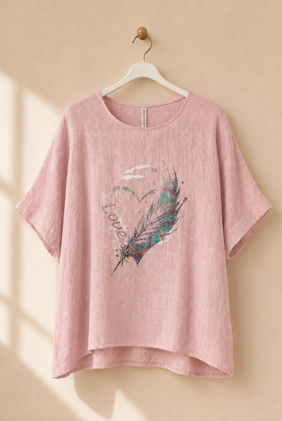 Topp Glittery Feather med fjädermotiv i rosa – Queensize