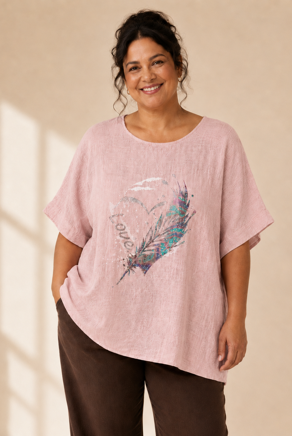 "Topp Glittery Feather med fjädermotiv i rosa – Queensize