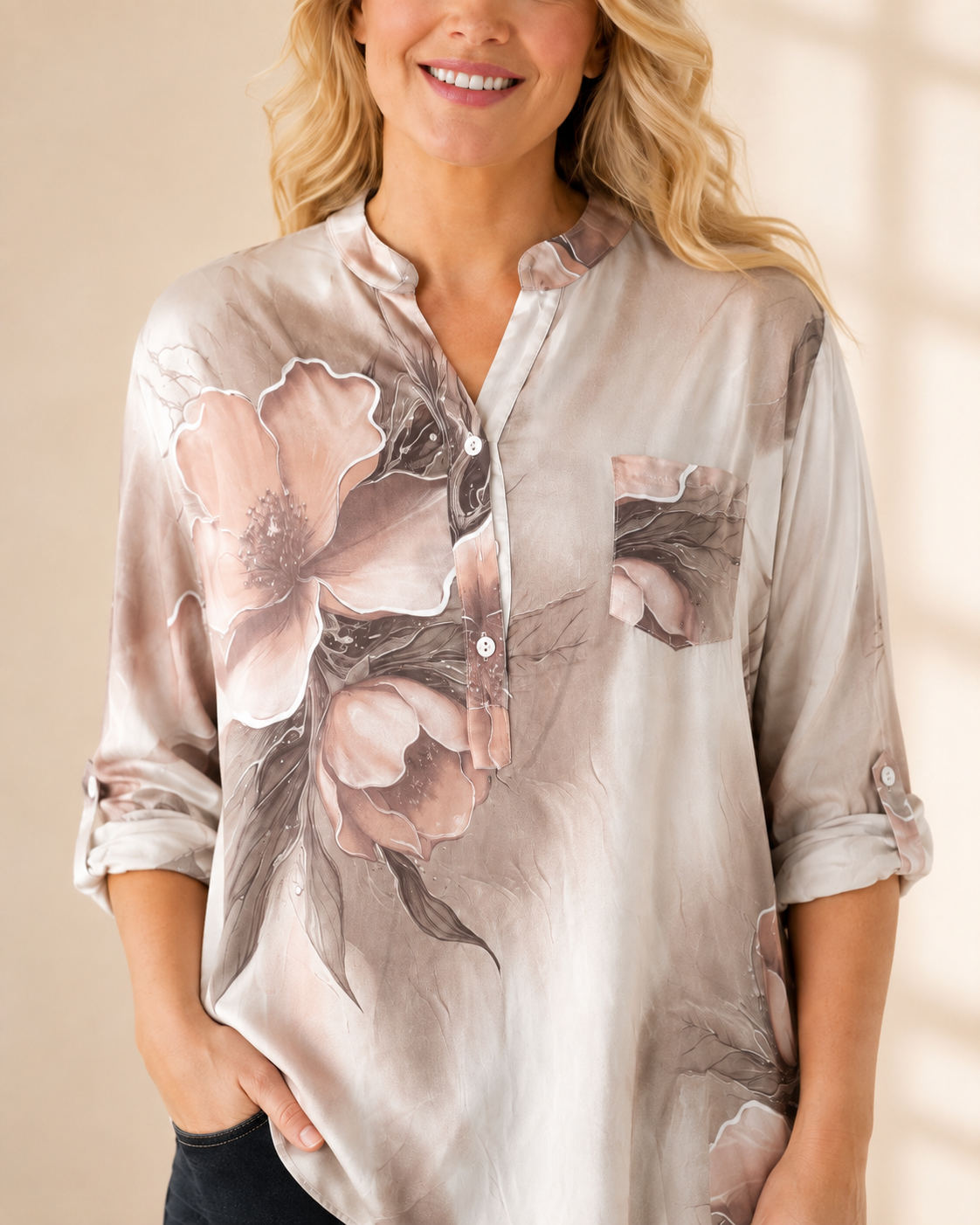 "Blus Britt – blommig viskosblus i beige, ledig passform, onesize
