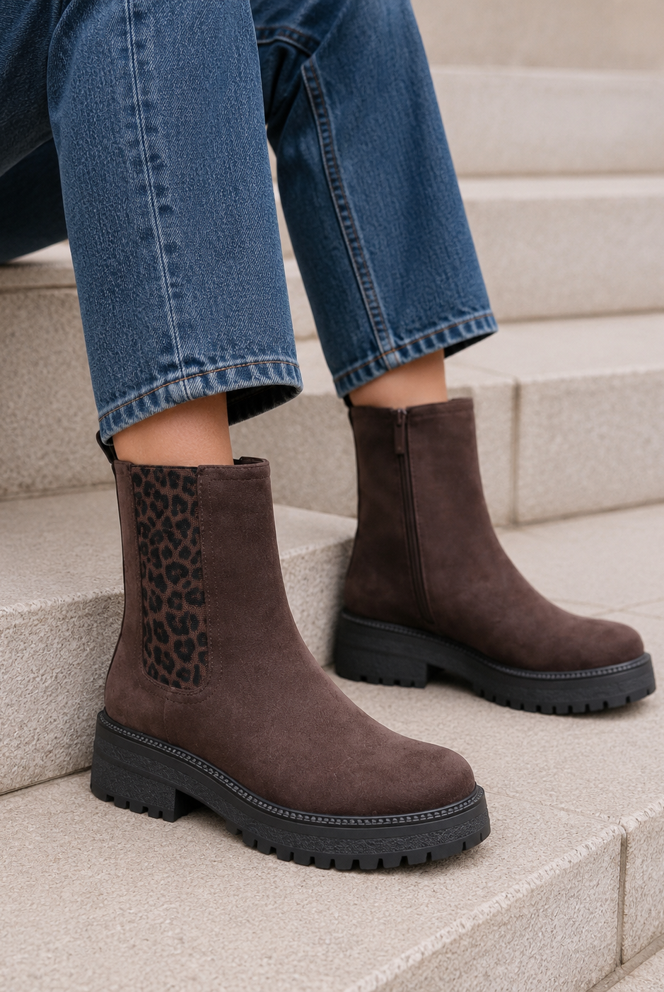 Bruna boots med leopardresår och dragkedja visade på stentrappa