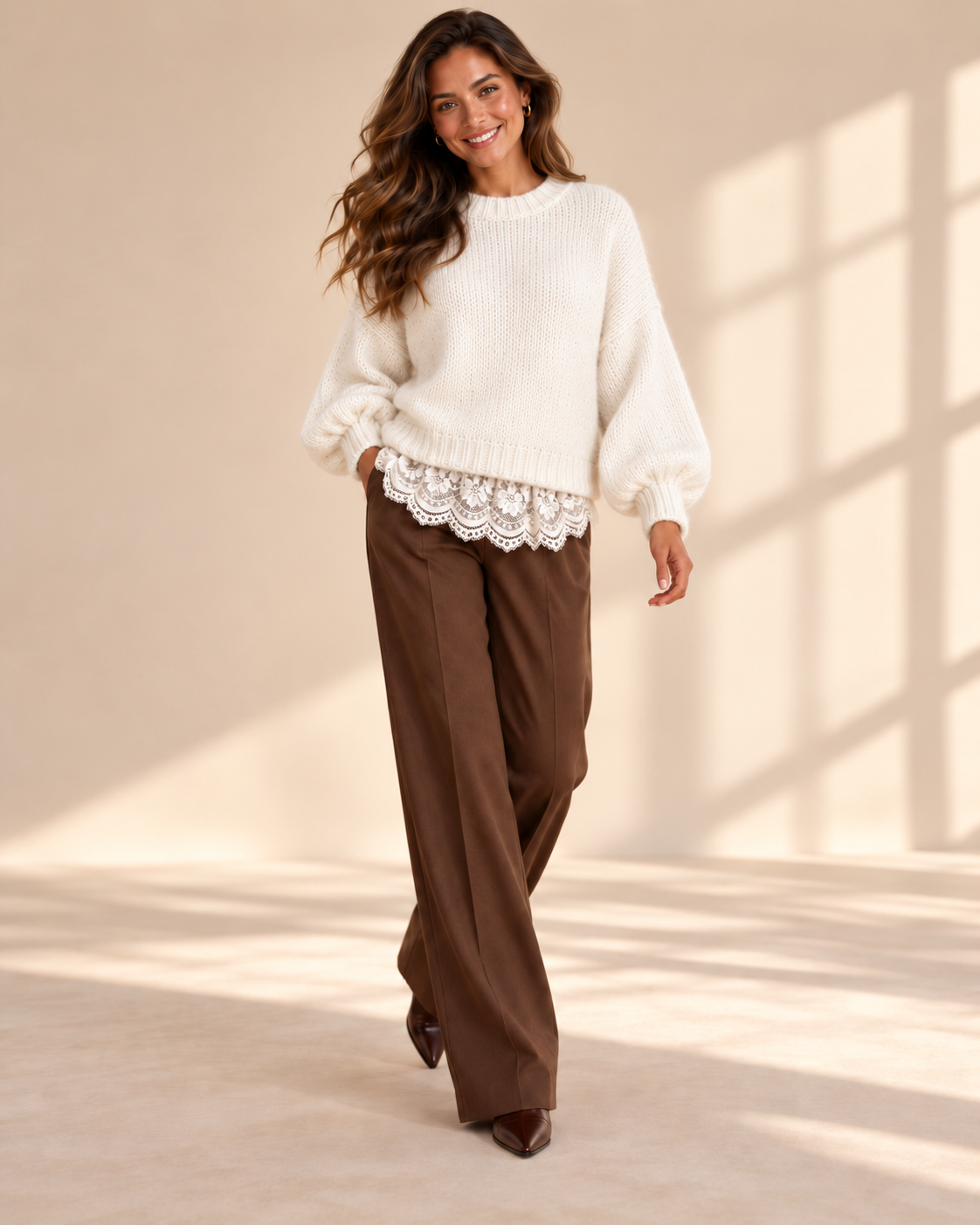 Stickad tröja med rund hals, långa vida ärmar, rymlig passform och dekorativ spetskant nedtill