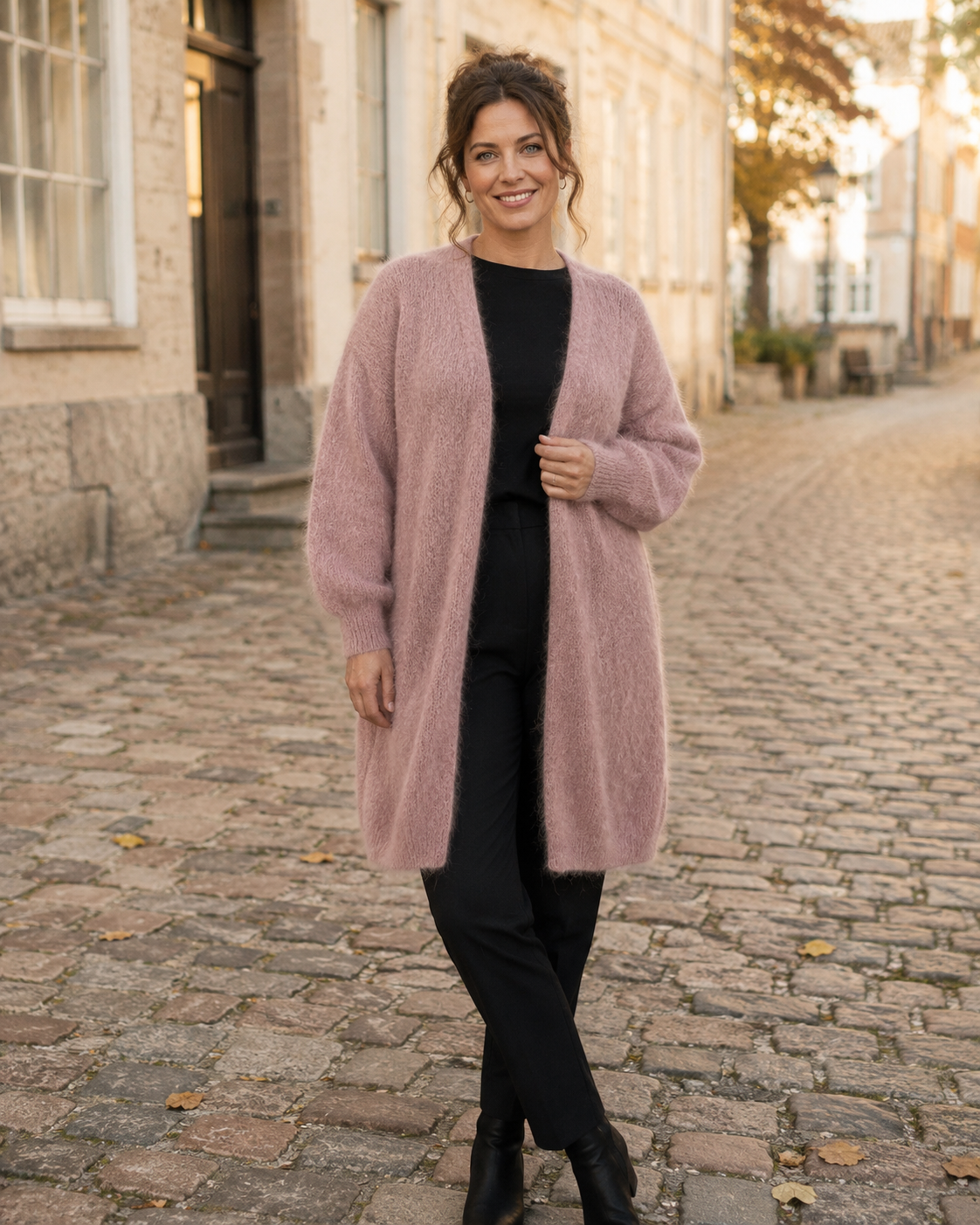 Långkofta kid mohair rosa – fluffig öppen kofta med oversized passform, onesize, Dimoda