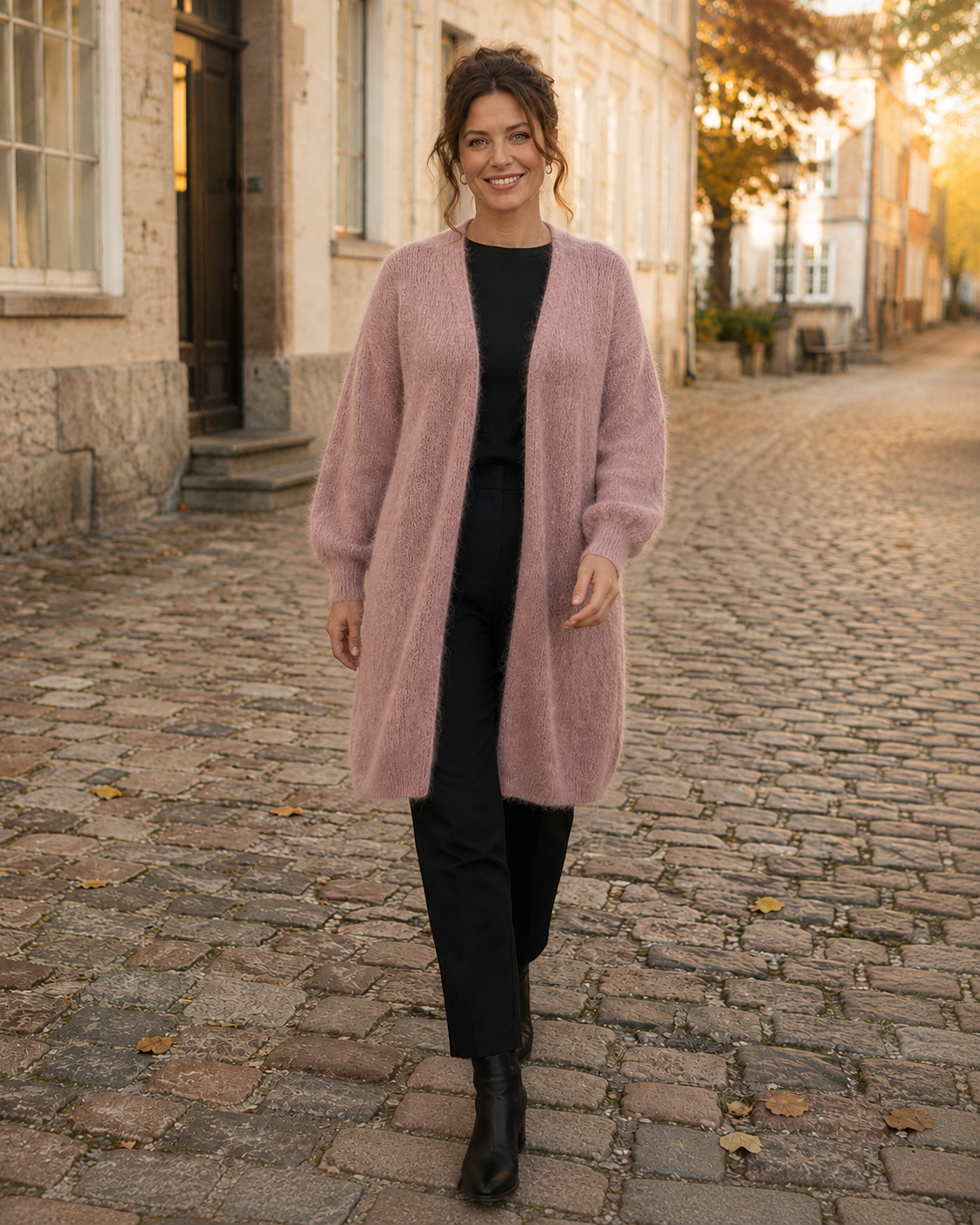 Långkofta kid mohair rosa – fluffig öppen kofta med oversized passform, onesize, Dimoda