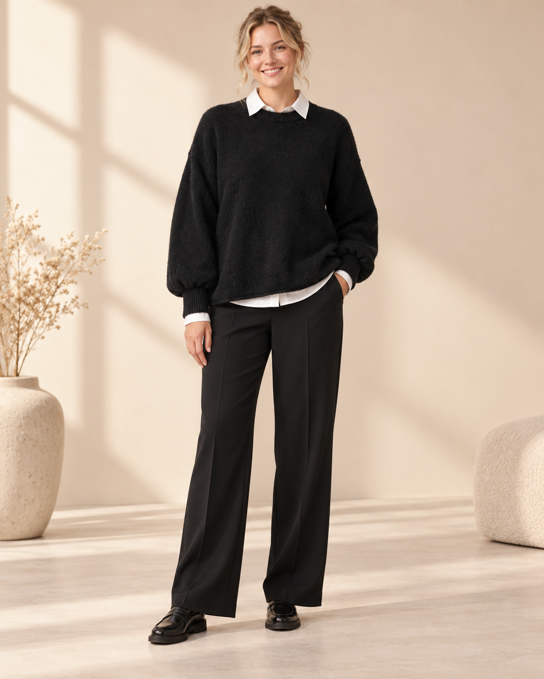 Strikket sweater Kitty i sort, blød oversize model i uldmix med rund hals og vide ærmer