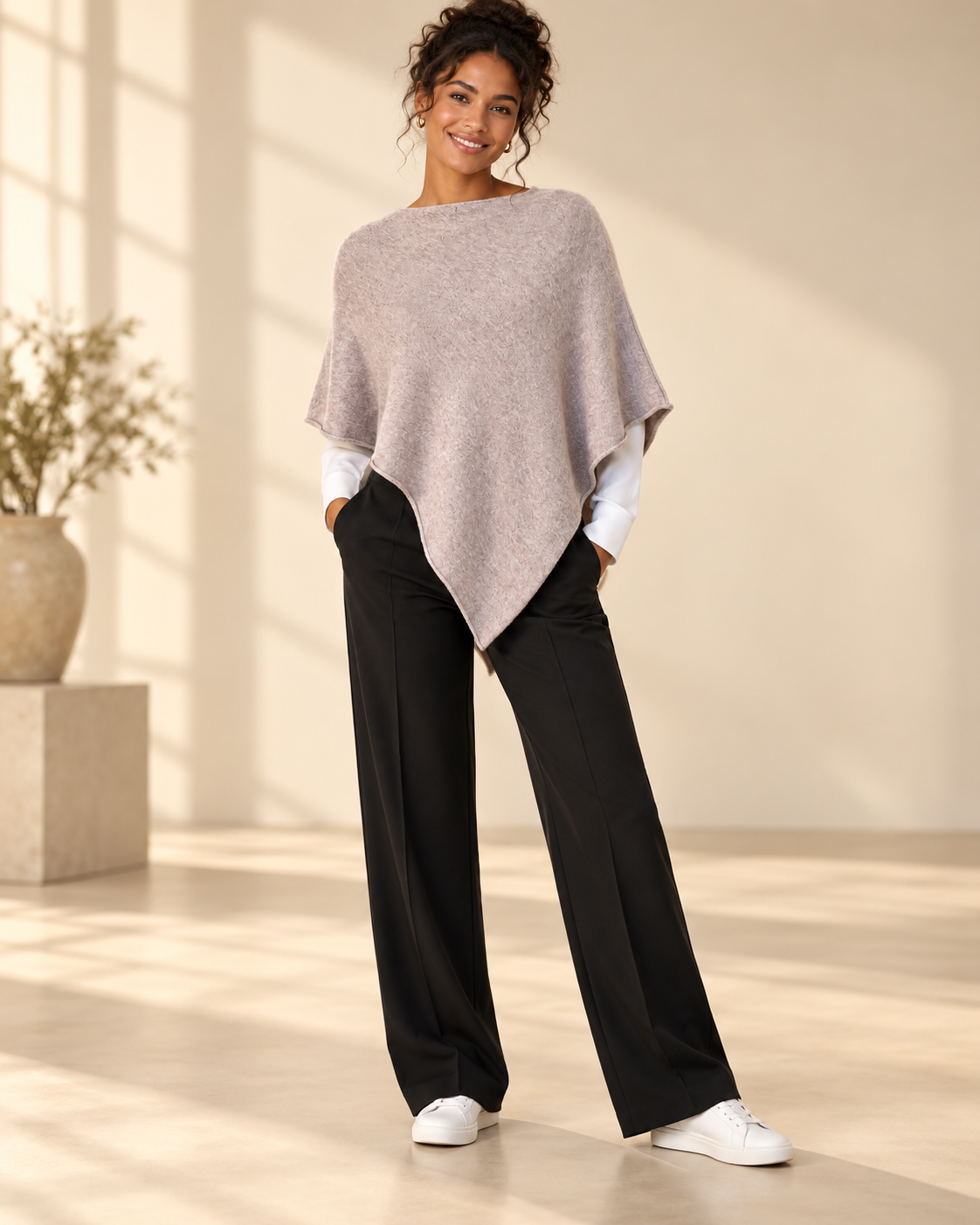 Finstickad poncho Gunsan i OneSize med asymmetrisk nederkant