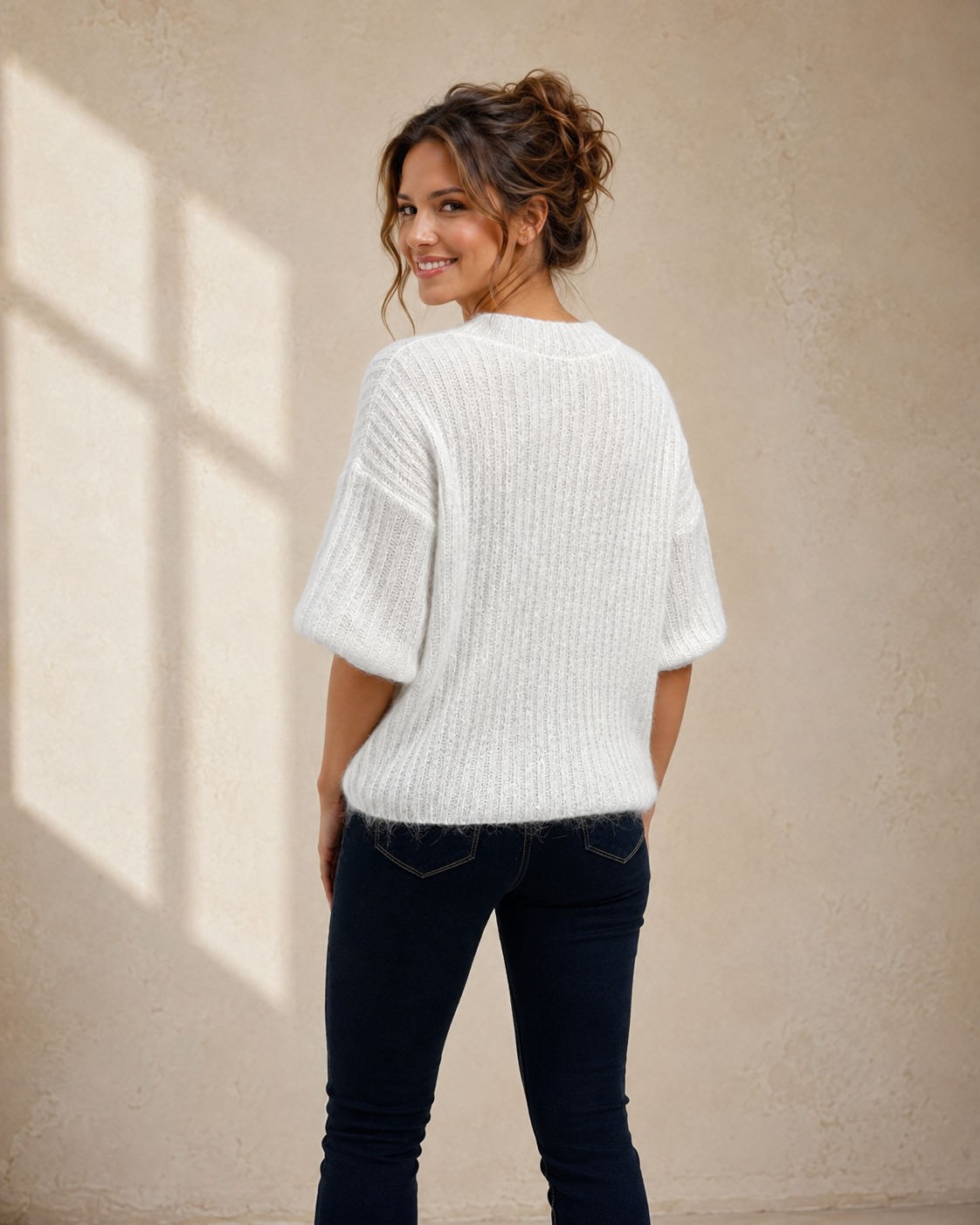 Mohairtröja kortärmad offwhite – lätt stickad damtröja i mohairblandning, onesize S–L, Dimoda
