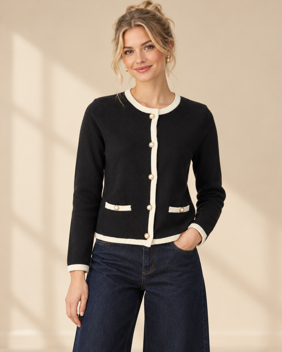 Svart finstickad cardigan Nicolina med offwhite kontrastkanter, rund halsringning, guldfärgade knappar och två fickdetaljer framtill.⠋