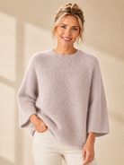Stickad tröja 3/4-ärm beige – Dimoda"