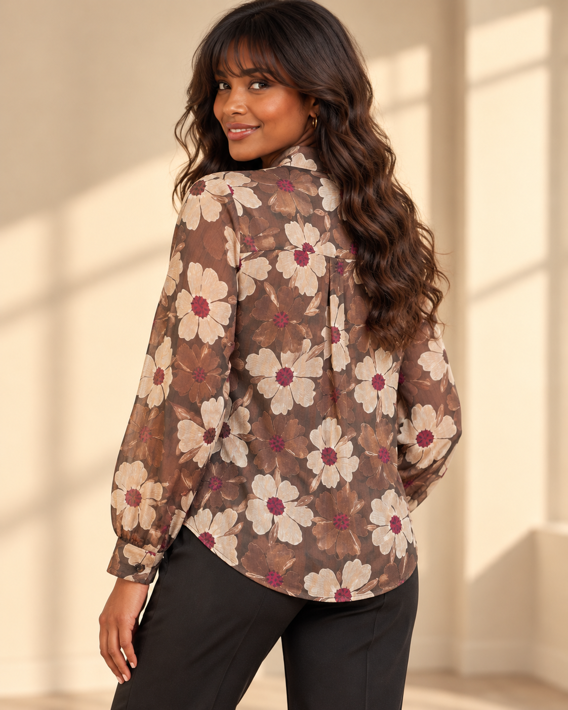 Transparent blus Lollo Blomster i brunt med stora beige och bruna blommor, vinröda blommittar, skomakarkrage och långa ärmar med manschett.