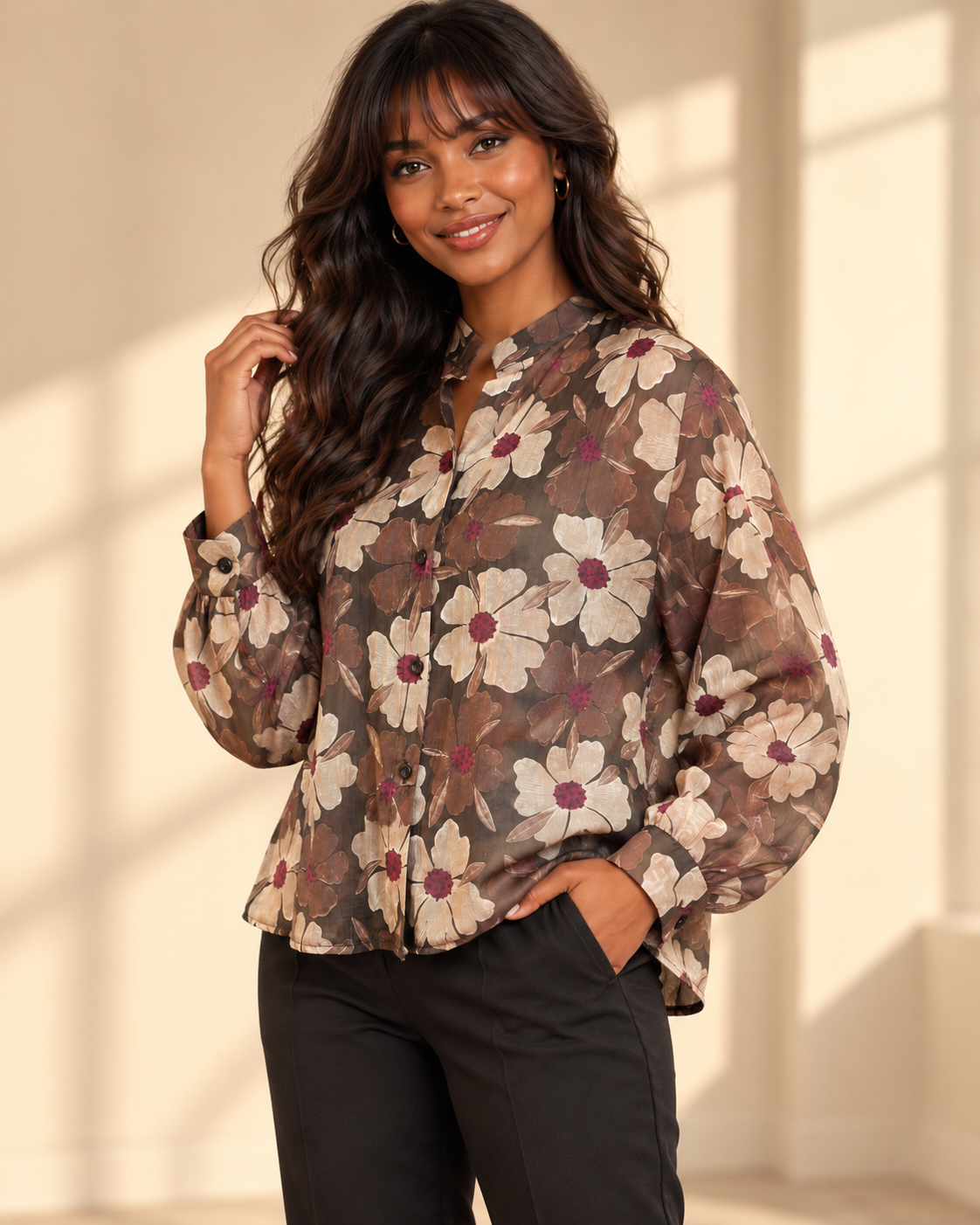 Transparent blus Lollo Blomster i brunt med stora beige och bruna blommor, vinröda blommittar, skomakarkrage och långa ärmar med manschett.