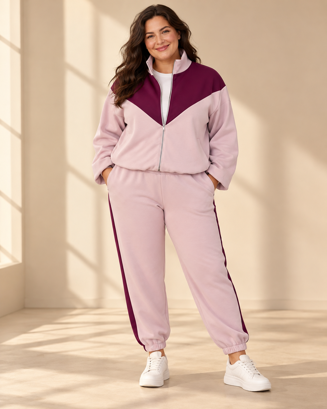 Mira zip jacket in light pink with burgundy V-shaped panel across the chest and shoulders, high collar, front zipper and relaxed fit.