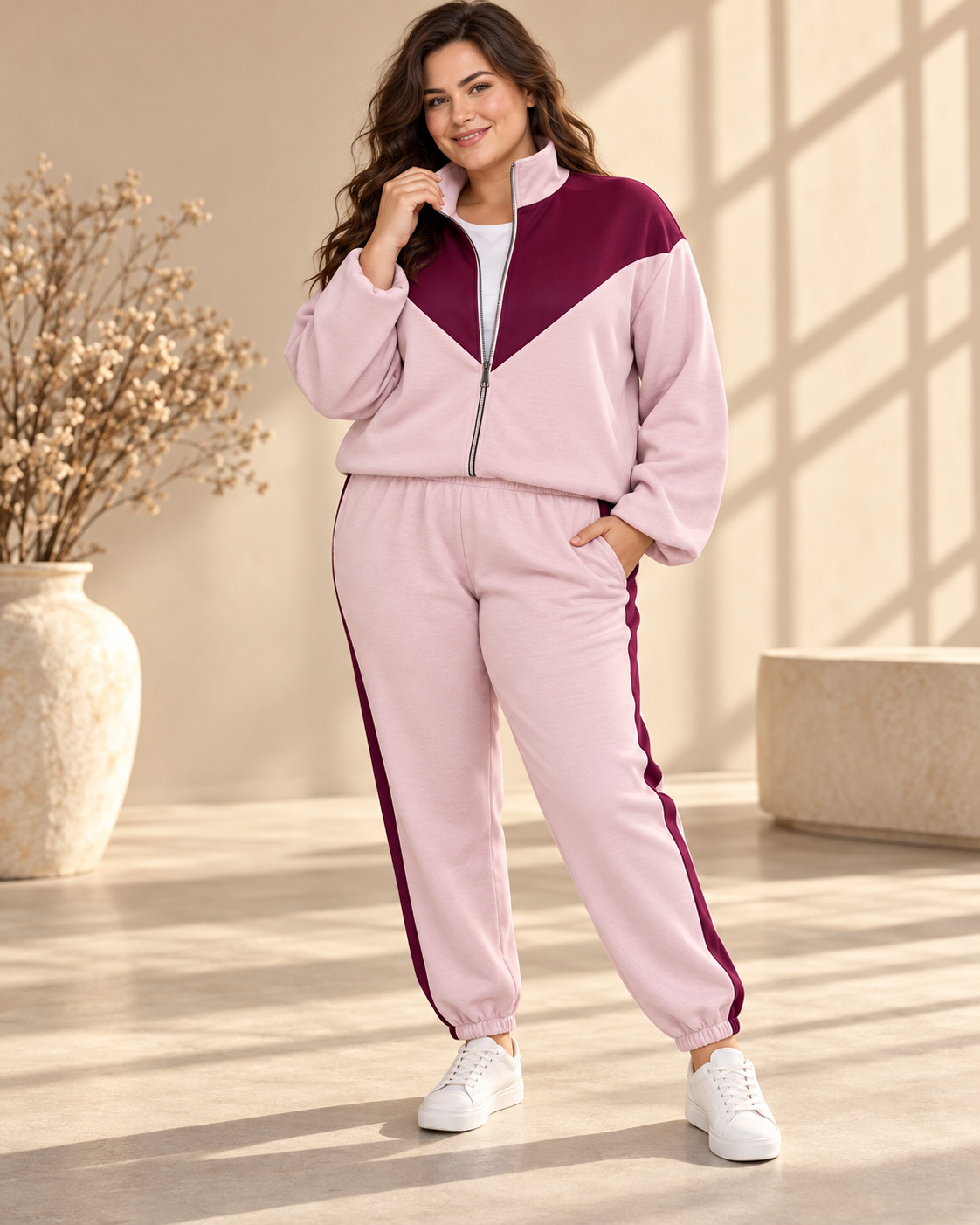 Mira zip jacket in light pink with burgundy V-shaped panel across the chest and shoulders, high collar, front zipper and relaxed fit.