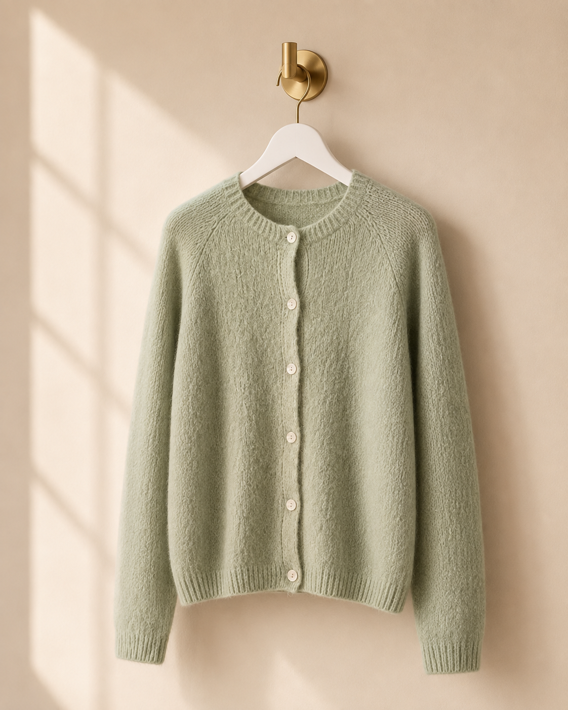 Stickad cardigan Ragnhild i lindblomsgrön – mjuk ullmix med alpaca, knäppning framtill, onesize stl 36–42