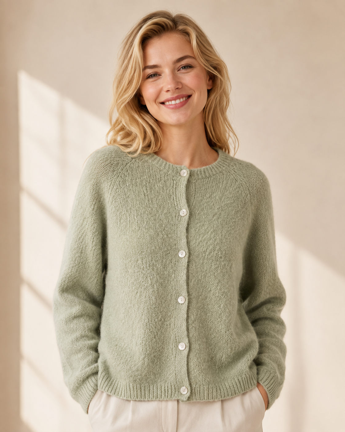 Stickad cardigan Ragnhild i lindblomsgrön – mjuk ullmix med alpaca, knäppning framtill, onesize stl 36–42